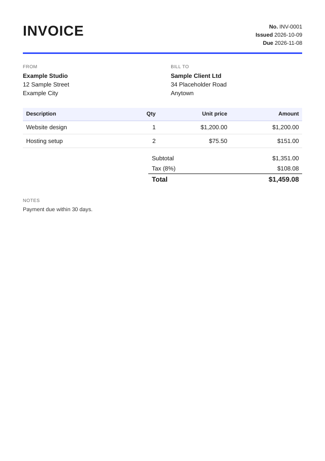 Sample invoice PDF with fictional parties (page 1)
